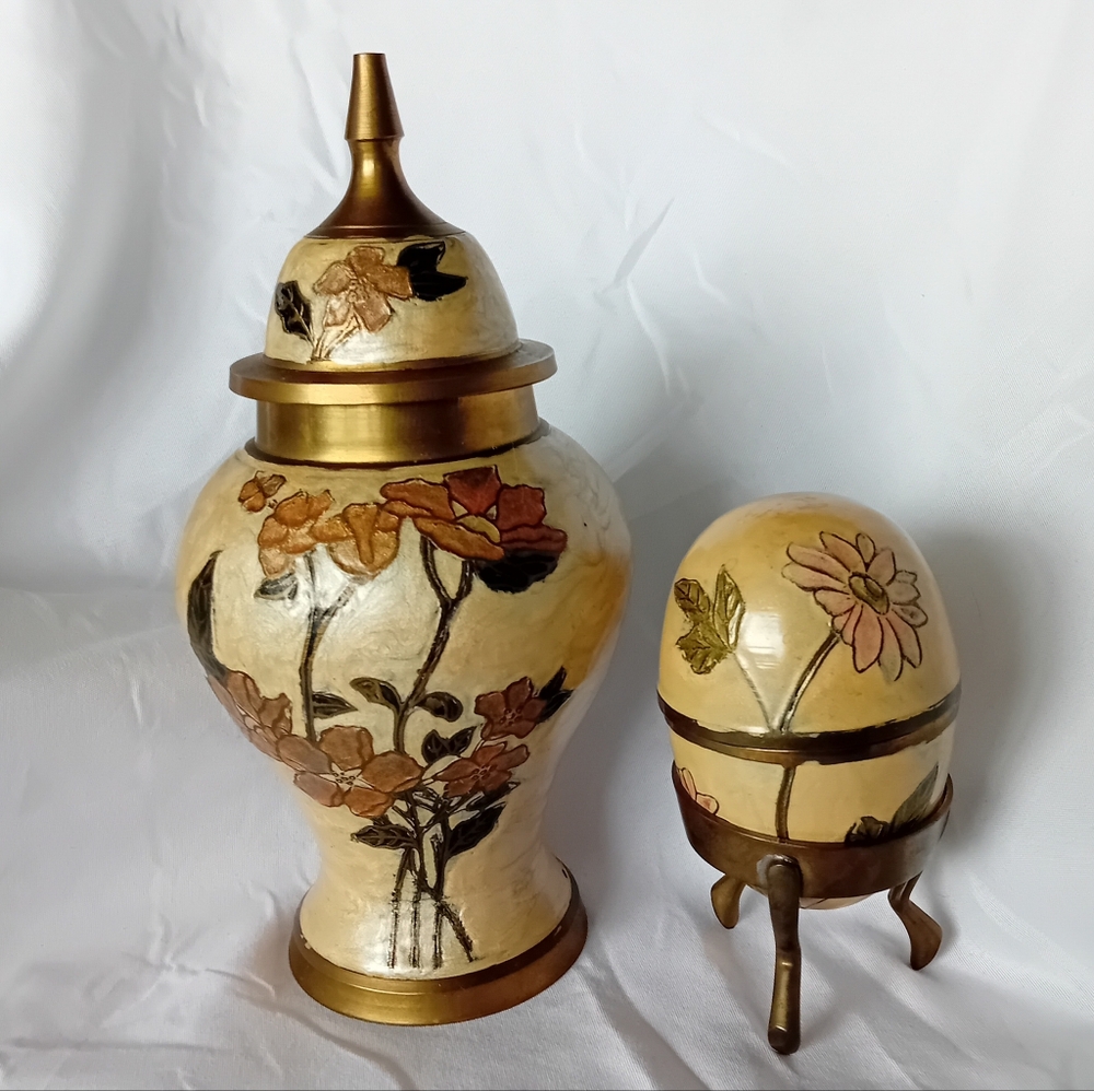 Vintage Brass Cloisonnet Ginger Jar and Egg On Stand Lot